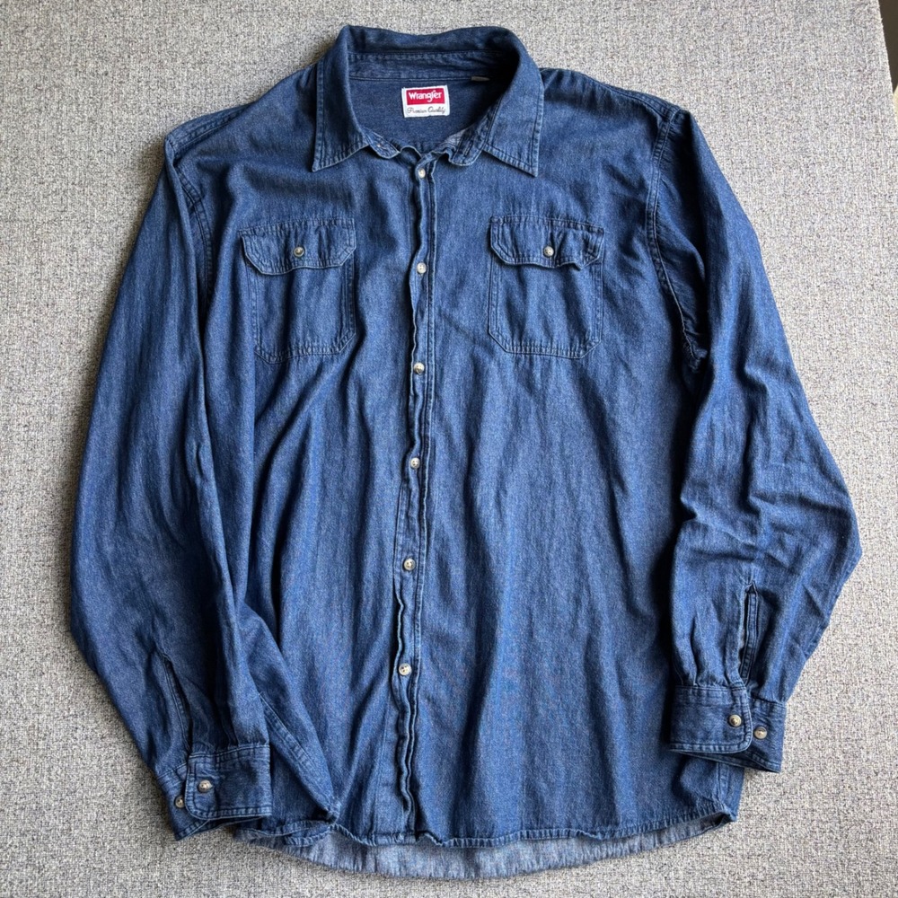 Wrangler Button-Down Shirt Mens 2XT Premium Quality Blue Denim Long Sleeve
